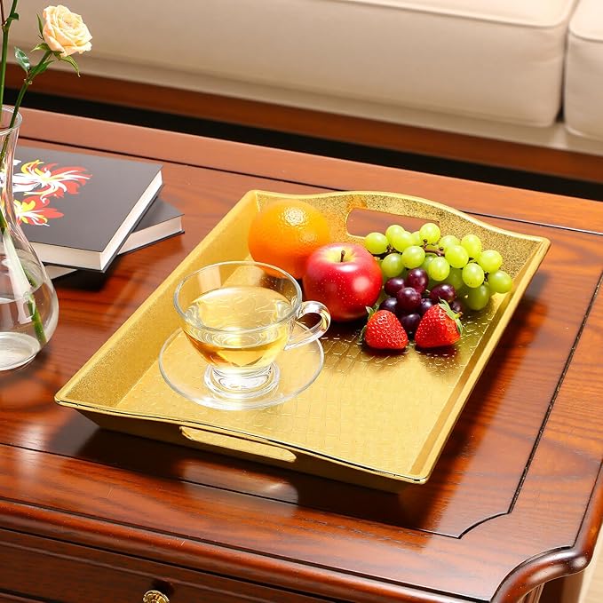 10 Pack Gold Plastic Serving Trays with Handles 15x9.8 Large Reusable Portable Rectangular Decorative Party Serving Trays for New Year Holiday Wedding Party Table Catering