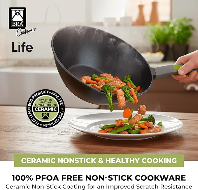BRA COOKWARE Life Ceramic Nonstick Wok | 11 Inch 6.6 Quart Recycled Aluminum Stir-Fry Skillet | Ceramic Nonstick Deep Fry Pan | PFOA Free Asian Cooking Skillet | All Cooktops Flat Bottom Wok
