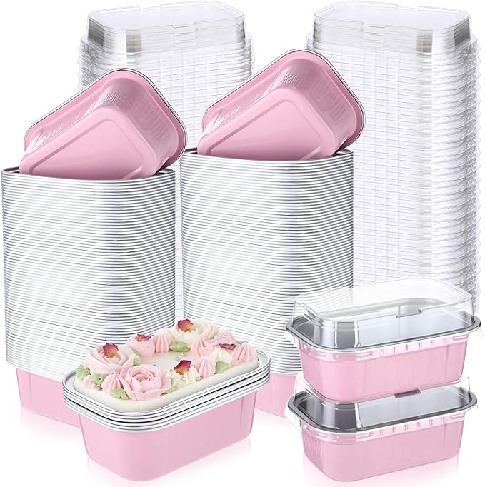 Vesici 100 Sets Mini Loaf Pans with Lids, 5.7 oz Disposable Aluminum Foil Baking Cups, Rectangle Cake Pans for Pudding Desserts Muffin Baking Storage Valentines Wedding Birthday Party(Pink)