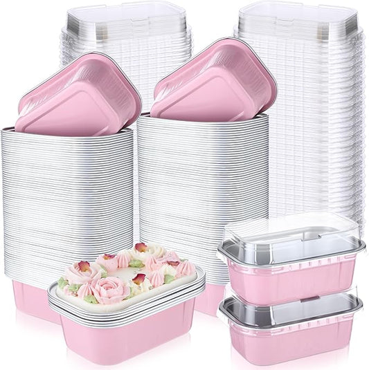 Vesici 100 Sets Mini Loaf Pans with Lids, 5.7 oz Disposable Aluminum Foil Baking Cups, Rectangle Cake Pans for Pudding Desserts Muffin Baking Storage Valentines Wedding Birthday Party(Pink)