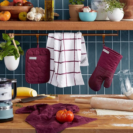 KitchenAid Quilted Cotton Terry Cloth Oven Mitt, Pot Holder, Kitchen Towel 4-Pack Set, Heat Resistant, Silicone Grip, Gift Set, Beet, 16"x26", 7"x13" & 7"x10"