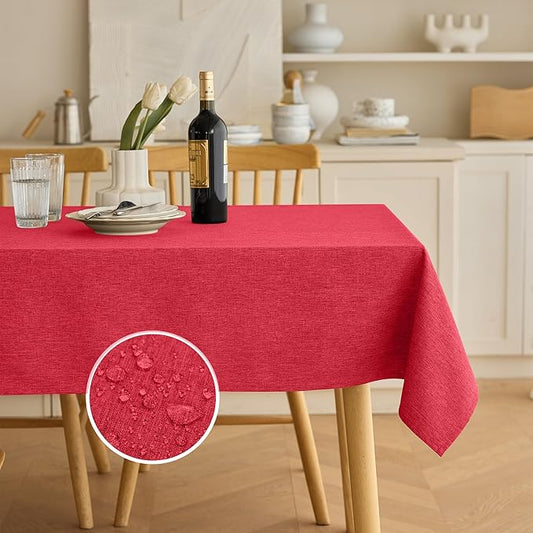 Waterproof Faux Linen Rectangle Tablecloth, Spillproof Wrinkle Free Outdoor Reusable Table Cloth for Patio,Holiday,Banquet,Party,Buffet Dinner (Oblong,60 x 120 Inch (10-12 Seats),Red)