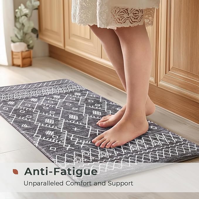 FRESHMINT Anti Fatigue Kitchen Mats for Floor 2 Piece Set, Waterproof & Non-Skid Moroccan Geo Kitchen Rugs, Cushioned Kitchen Mat for Standing Washable Comfort Desk Kitchen Runners, 17x30''+17x47''