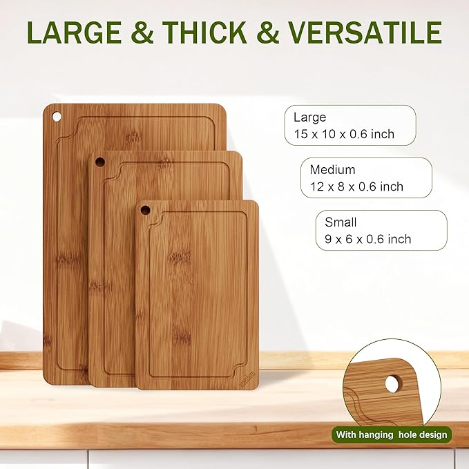 Bamboo Cutting Boards for Kitchen, Wood Cutting Board Set with Juice Grooves & Built-in Handles, Large Medium Small Chopping Board for Meat, Vegetables, Fruit
