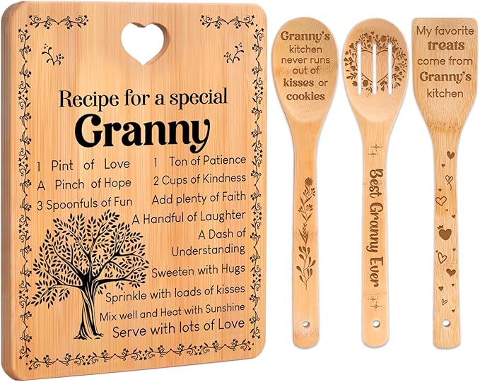 Granny Gifts - "Recipe for a Special Granny" Gifts for Granny Cutting Board Set, Bamboo-Made Engraved Utensil Set Granny Birthday Gifts, Presents for Grandma Nana Nanny from Grandchildren