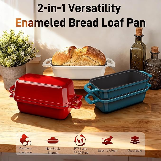 DYCYRQ Enameled Cast Iron Sourdough Bread Dutch Oven, 9x5 Inch Loaf Cast Iron Bread Pan for Homemade Bread Baking, Sourdough Baking Pans, Meatloaf Pan with Lid, 2 Piece set, Emerald