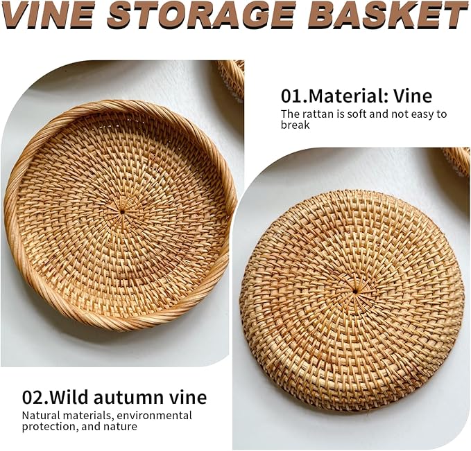 9 Inch Rattan Basket Tray Woven Round Decorative Wicker Tray Stackable for Kitchen Tabletop Fruit Candy Bread