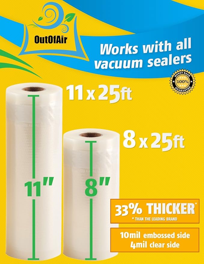 8" & 11" 25ft Vacuum Sealer Rolls (Fit Inside) 4 Rolls (2 of Each, 100ft total) OutOfAir Vacuum Sealer Bags Works With FoodSaver & Other Machines - 33% Thicker BPA Free, Commercial Grade