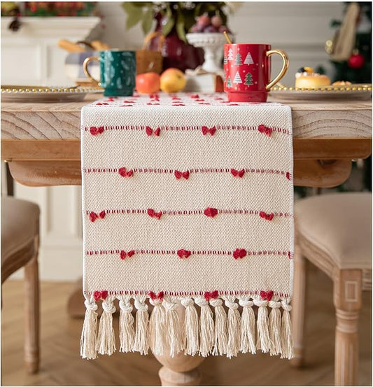 Caflife Christmas Valentines Table Runner 72 Inchs Long for Farmhouse Room Home Valentine's Day Decorations, Boho Red Table Runner, Natural Cotton Woven for Holiday Kitchen and Dining Table Decor
