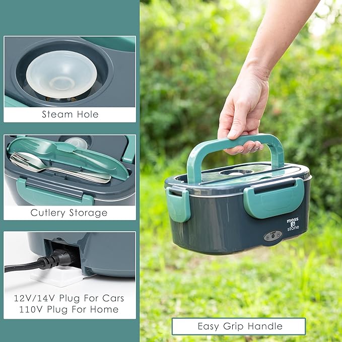 Moss & Stone Electric Lunch Box Food Heater for Adults Green & Gray Food Warmer Lunch Box, 12/24/110v Lunch Box Warmer Portable For Work/Car/Truck, Fork & Spoon & 1.5L Removable S.S Container