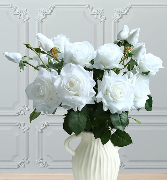 White Fake Flowers for Wedding Decor,Realistic Artificial Flowers Indoor 5 Bouquets（15 Heads） for Room Decor,Real Touch Fake Roses for Bathroom Kitchen Cake Bride Centerpieces Backdrop Decor（No Vase）