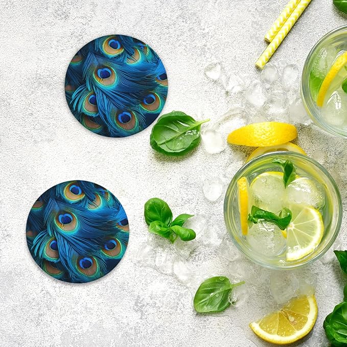 Round Coasters Set of 2, Blue Peacock Feathers Absorbent Ceramic Coaster with Cork Base, Bar Coasters for Drinks Coffee Mugs Tea Cups Wine Glasses Home Decor Gifts (4 inches)