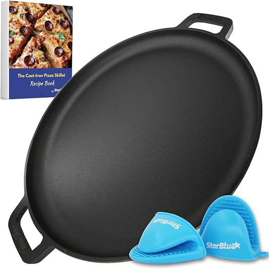 16 Inch Cast Iron Pizza Pan Round Griddle by StarBlue with FREE Silicone Handles and 30 Recipes Ebook– Pre-Seasoned Comal, Kitchen Essentials for Pizza Lovers, Baking, Grill, BBQ, Stove Oven Safe