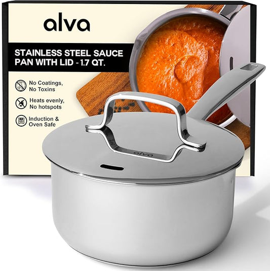 Alva Maestro 1.7QT Stainless Steel Saucepan with Lid – Non-Toxic Easy to Clean Pot, Oven Safe – Lasered Engrave Measurement, Induction Ready – Belgian-Designed for Effortless, Healthy Everyday Cooking