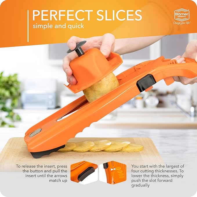 Mandoline Food Slicer Börner V5 (Basic Set) by Reston Lloyd • V-Slicer with Food Holder • Made in Germany • Fruit & Vegetable Chopper • Multiple Settings • Color: Orange