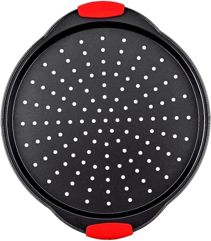 ZOEHROWS 13 Inch Pizza Pan for Oven, Round Pizza Pan with Holes - Non-Stick Carbon Steel Pizza Tray with Silicone Handles - for Cooking, Baking, and Grilling - Dishwasher Safe