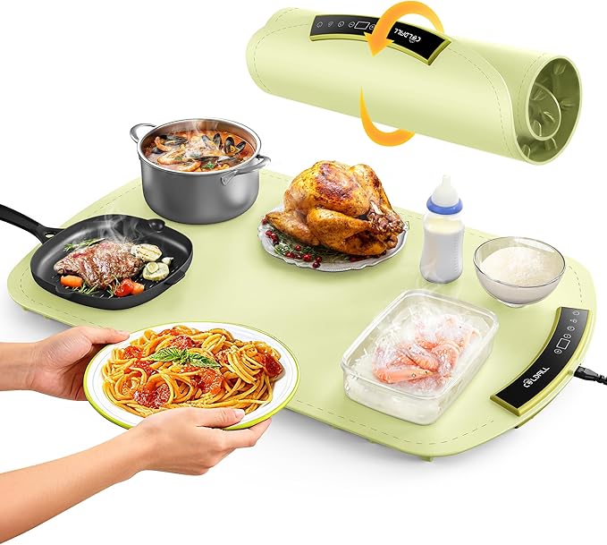 Warming Mat for Food, Electric Food Warming Mat with 8 Temp Level and 4H Timer, Silicone Chafing Dishes(24"x16"), Rollable & Portable Warming Trays for Buffets Party (Green)