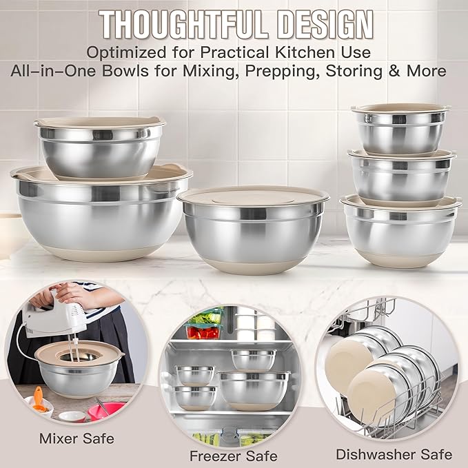 Mixing Bowls with Airtight Lid Set, 23PCS Stainless Steel Nesting Bowls with 3 Graters, Non-Slip Base, Large Prep Bowls 7, 3.5, 2.5, 2, 1.4, 1QT & 14 Measuring Spoons Great for Baking, Serving
