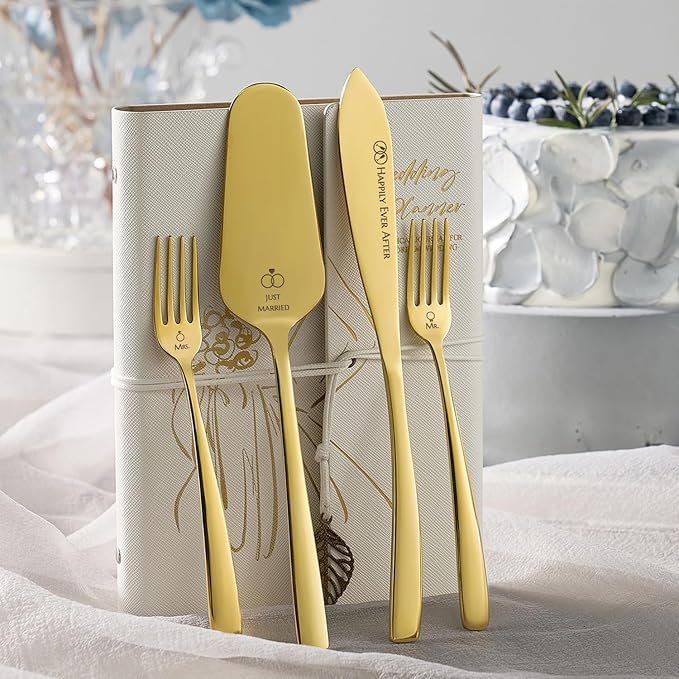 AW BRIDAL Mr and Mrs Wedding Cake Knife Set with Forks, Gold Cake Cutting Set Stainless Steel Cake Serving Set Wedding Engagement Bridal Shower Gifts for Couples