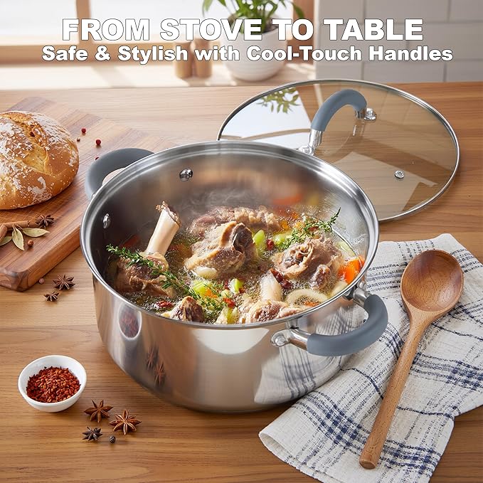 Cook N Home 3-Quart Stainless Steel Pot, Small Stock Pot with Glass Lid, Basics Saucier Casserole Stockpot, Stay-Cool Silicone Handles