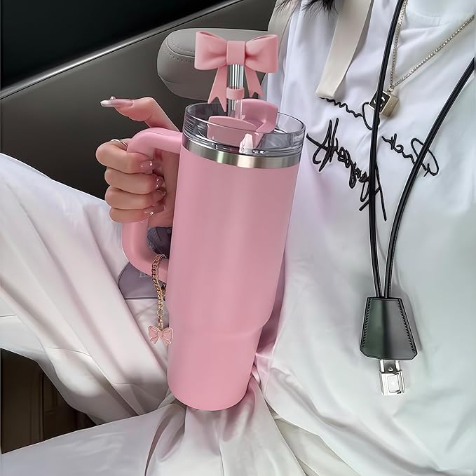 Compatible with Stanley Cup Accessories - 4Pcs 10mm Cute Bow Straw Topper Compatible with Stanley Cup Straw Cover Cap, 2pcs Bow Charms for Stanley 30&40 Oz Tumbler with Handle