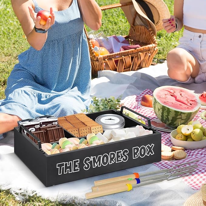S'Mores Station with Handles, Wooden S'Mores Caddy Bar Holder with 4 Roasting Sticks, Farmhouse Smores Tray for Smores Kit for Fire Pit, Smores Maker Tabletop Indoor Kit for S'Mores Kit