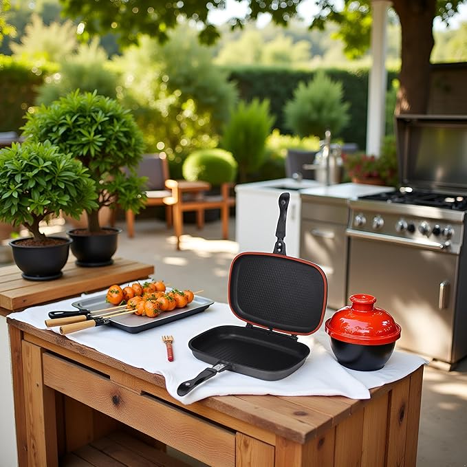 Nonstick Double Frying Pan, 18.1x14.2in Double Multipurpose Double Grill Pan Portable Grill Pot for Home Cooking Sandwich Panini Barbecue Chicken Fish