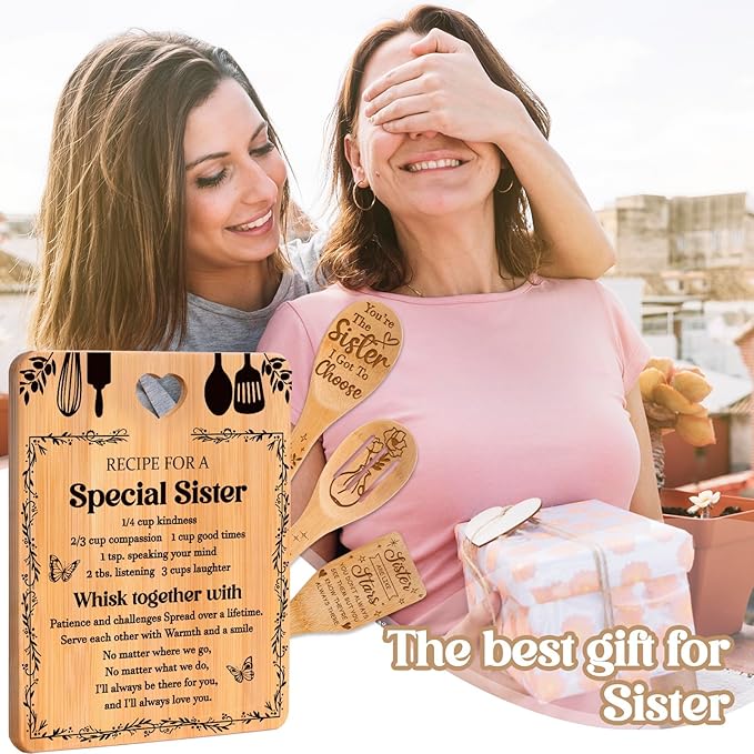 Sister Birthday Gifts - "Recipe for a Special Sister" Sister Gifts from Sister Cutting Board Set, Bamboo-Made Engraved Utensil Set Sister Gifts from Sister, Sister Birthday Gifts from Sister/Brother