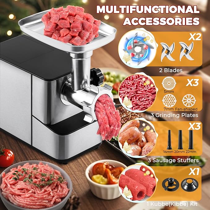 Flyseago Meat Grinder Electric 3200w High Capacity Commercial Heavy Duty Meat Grinder and Sausage Stuffers, Kubbe Kit for Household Use & Commercial