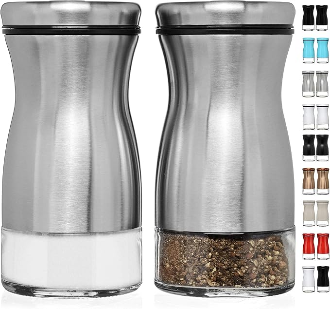 Salt and Pepper Shakers Set with Adjustable Pour Holes by CHEFVANTAGE - Stainless Steel