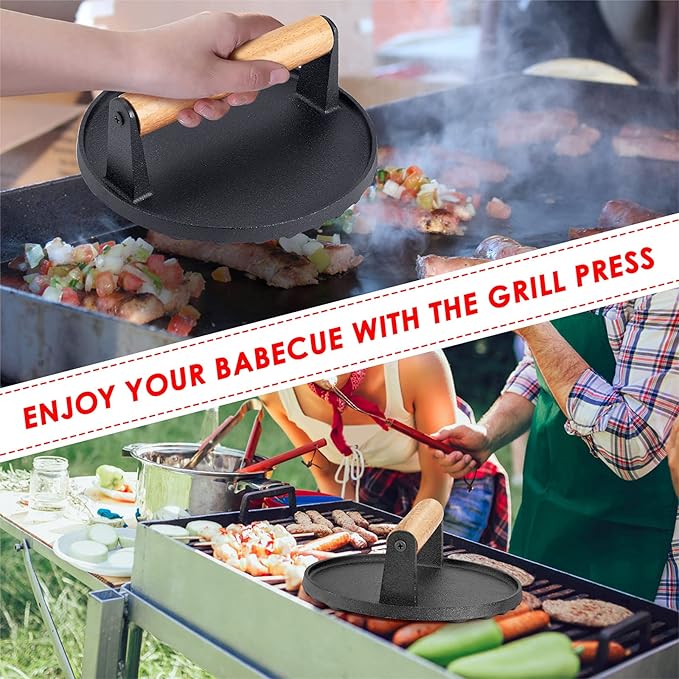 HaSteeL Single Cast Iron Grill Press, Heavy Duty 7In Bacon Burger Press with Wooden Handle, Pre-Seasoned Steak Press Great for Flat Top Griddle Teppanyaki BBQ Grilling Cooking Indoor & Outdoor