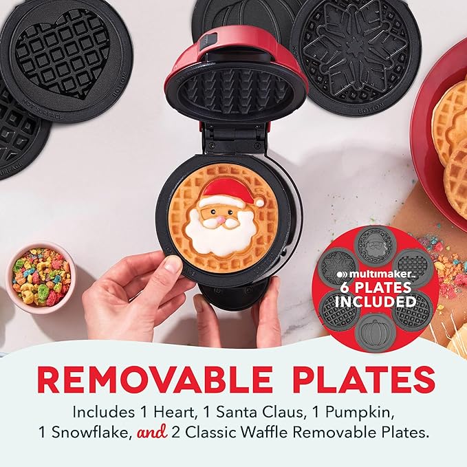 DASH Holiday MultiMaker® Mini System - Waffle Maker with Six 4” Removable Holiday Plates: Waffle Iron & Griddle, 4-in-1 Mini Waffle Maker for Kids and Families – Nonstick Surface, Santa Waffle (Red)