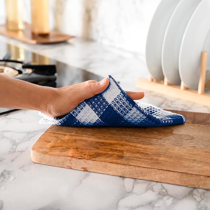 Blue Needles Waffle Weave Check Plaid Dish Cloths, 12x12 Inches 100% Cotton Set of 8 Dish Towels for Kitchen, Ultra Soft & Absorbent Kitchen Towels for Quick Drying Spring Summer - Sky Blue & White