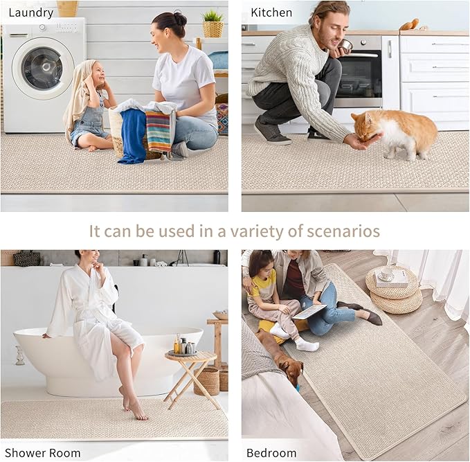 Kitchen mats for Floor Water and Oil Absorbent Runner Rugs for Kitchen, Kitchen Mat in Front of Sink,Non-Slip Kitchen Rugs,Durable Imitation Linen Kitchen Rug Beige 17x30+17x47