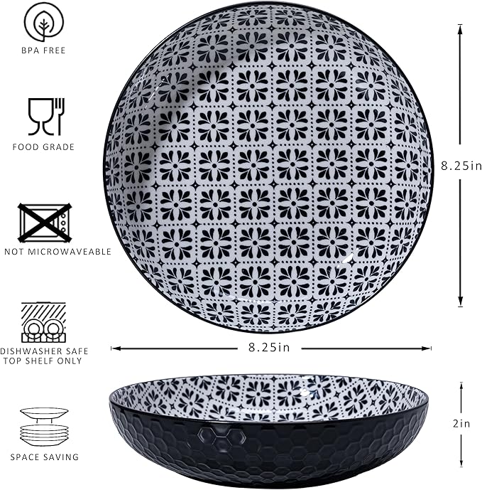 LEHAHA Ceramic Pasta Bowls Set of 4, 8.25" Large Porcelain Salad Bowls Soup Bowl for Serving Soup, Pasta, Noodle, Dinner, Large Kitchen Bowl Plates, Microwave & Dishwasher Safe,Black