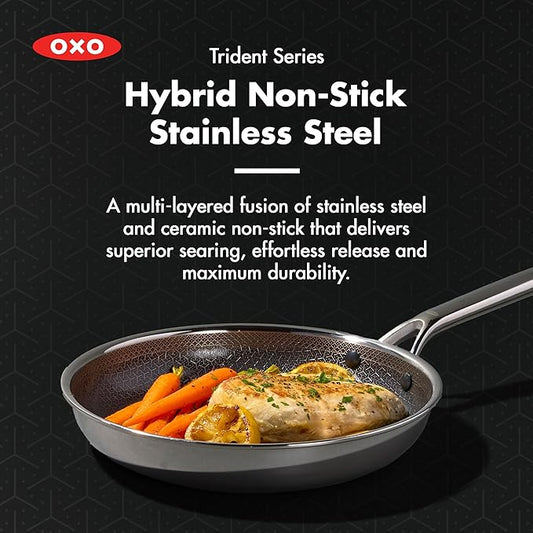 OXO Hybrid 12” Nonstick Stainless Steel Frying Pan, PFAS-Free Ceramic Skillet, Fusion Boost Tech for Powerful Searing, Induction & All Cooktop Compatible, Dishwasher Safe, Mirror Polished Tri-Ply