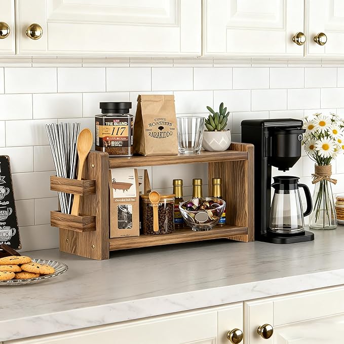 Coffee and Matcha Station Organizer for Home Kitchen Office Countertop - 2 Tier Solid Wooden Shelf Organizer with Straw Holder for Matcha, Pods, Sugar, Tea, Cups, Stirrers, Mugs Storage