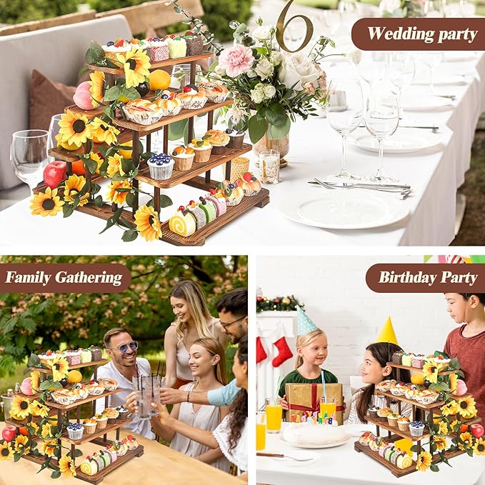 Wooden 7 Tier Cupcake Stand & Towers Serving Trays for Party with Vine Decoration — Party Display Serving Ladder with Platter for Cake, Snacks — Perfect for Catering, Events & Centerpieces