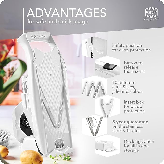 Mandoline Food Slicer Börner V5 (Profi Set) by Reston Lloyd • V-Slicer with 4 Inserts, Docking Station & Food Holder • Made in Germany • Fruit & Vegetable Chopper • Multiple Settings • Color: White