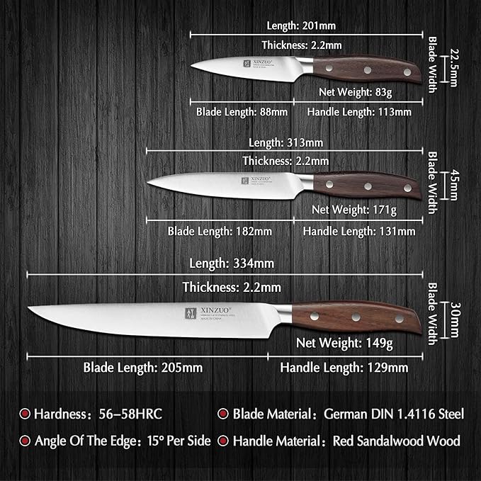 XINZUO German Stainless Steel Knife Set, 5Pcs Professional Chef Knife Sets for Chefs, Ultra Sharp,Chef Santoku Slicing Petty Paring Knife with Red Sandalwood Handle