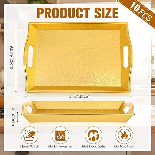 10 Pack Gold Plastic Serving Trays with Handles 15x9.8 Large Reusable Portable Rectangular Decorative Party Serving Trays for New Year Holiday Wedding Party Table Catering