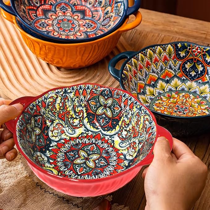 Bohemia Large Bowls with Handle, 40 oz Ceramic Soup Bowl for Salad, Pasta, Cereal,Fruit, Udon, Microwave & Dishwasher Safe (Orange)