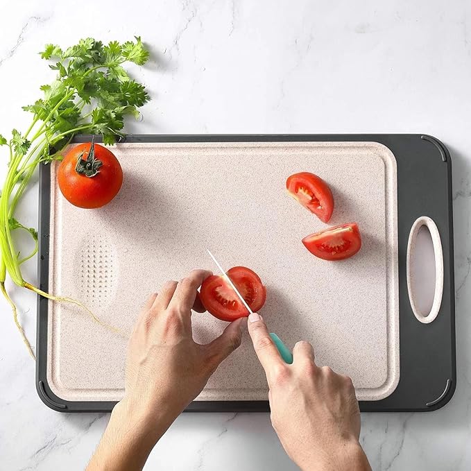 Stainless Steel Cutting Board For Kitchen, Double Sided Wheat Straw Cutting Board for Meat Veggies Fruits, Scratch Resistant and Knife Friendly Chopping Board with Garlic Shredder, 16”×11