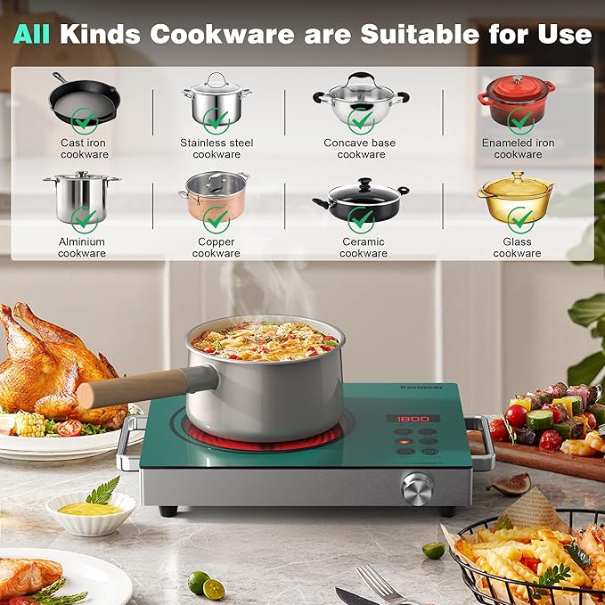 Karinear Portable Electric Stove 110V, 1800W Electric Hot Plate with Handle, Knob Control Single Burner Electri Cooktop, Ceramic Infrared Countertop Burner, Timer, Safety Lock(Green)
