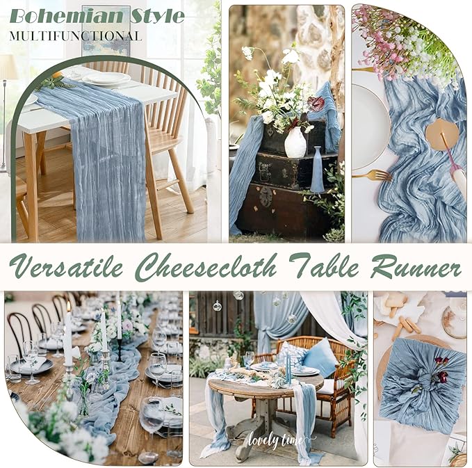 Dusty Blue Cheesecloth Table Runner 1 Pack 35" Boho Gauze Table Runner 120 inches Long Runner Rustic Sheer Fabric Bulk for Baby Shower Wedding Bridal Birthday Party Table Decorations