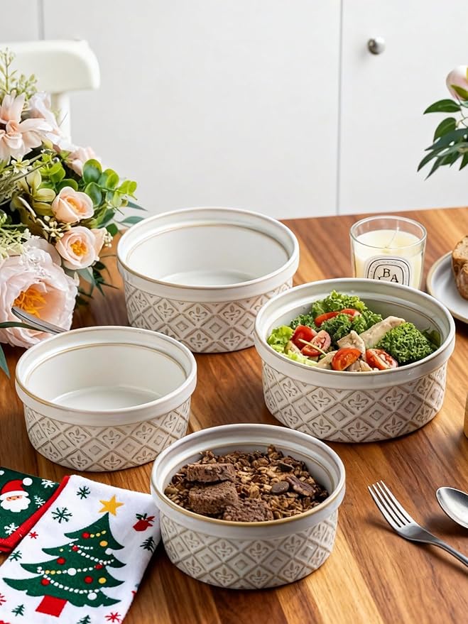 40 Oz Ceramic Airtight Bowls Set of 4 - Large Mixing Bowls with Lids Set for Salad, Pho, Soup, Pasta, Dessert, Serving, Oatmeal, Baking Dishes, Dishwasher & Microwave Safe, Beige