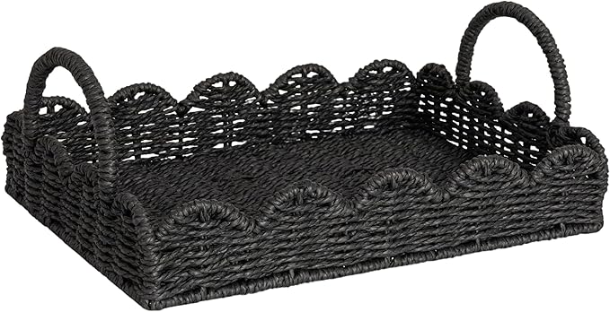 Household Essentials Handwoven Tray with Scalloped Edge and Handles, Natural