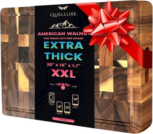 (1.7" Extra Thick & Large) 20"x15" American Black Walnut Wood End Grain Cutting Board for Kitchen with Juice Groove, Inner Handles, Heavy-Duty Butcher Block, Wooden Chopping Board, Charcuterie Boards
