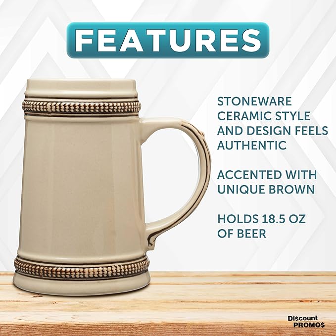 DISCOUNT PROMOS Ceramic German Beer Steins 18.5 oz. Set of 6, Bulk Pack - Restaurant Barware, Great for Oktoberfest, Wedding, Party, Birthday, Events - Brown