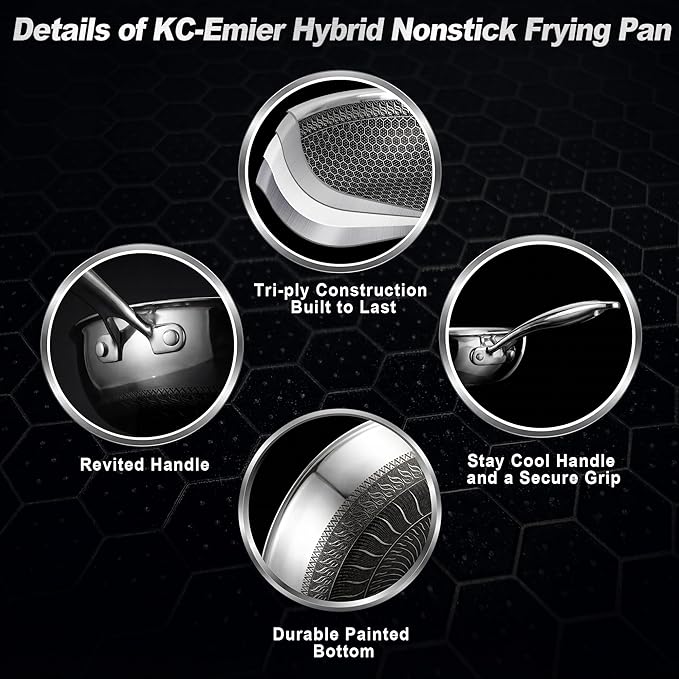 KC-Emier 10 Inch Non-Stick Frying Pan Tri-Ply Stainless Steel Pan with Stay-Cool Handle Oven & Dishwasher Safe For Induction, Ceramic & Gas Stovetops